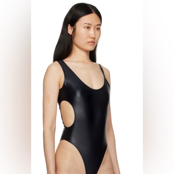 NWT Versace Jeans Couture Black Shiny Asymmetrical Cutout Bodysuit Size Small - Picture 2 of 5
